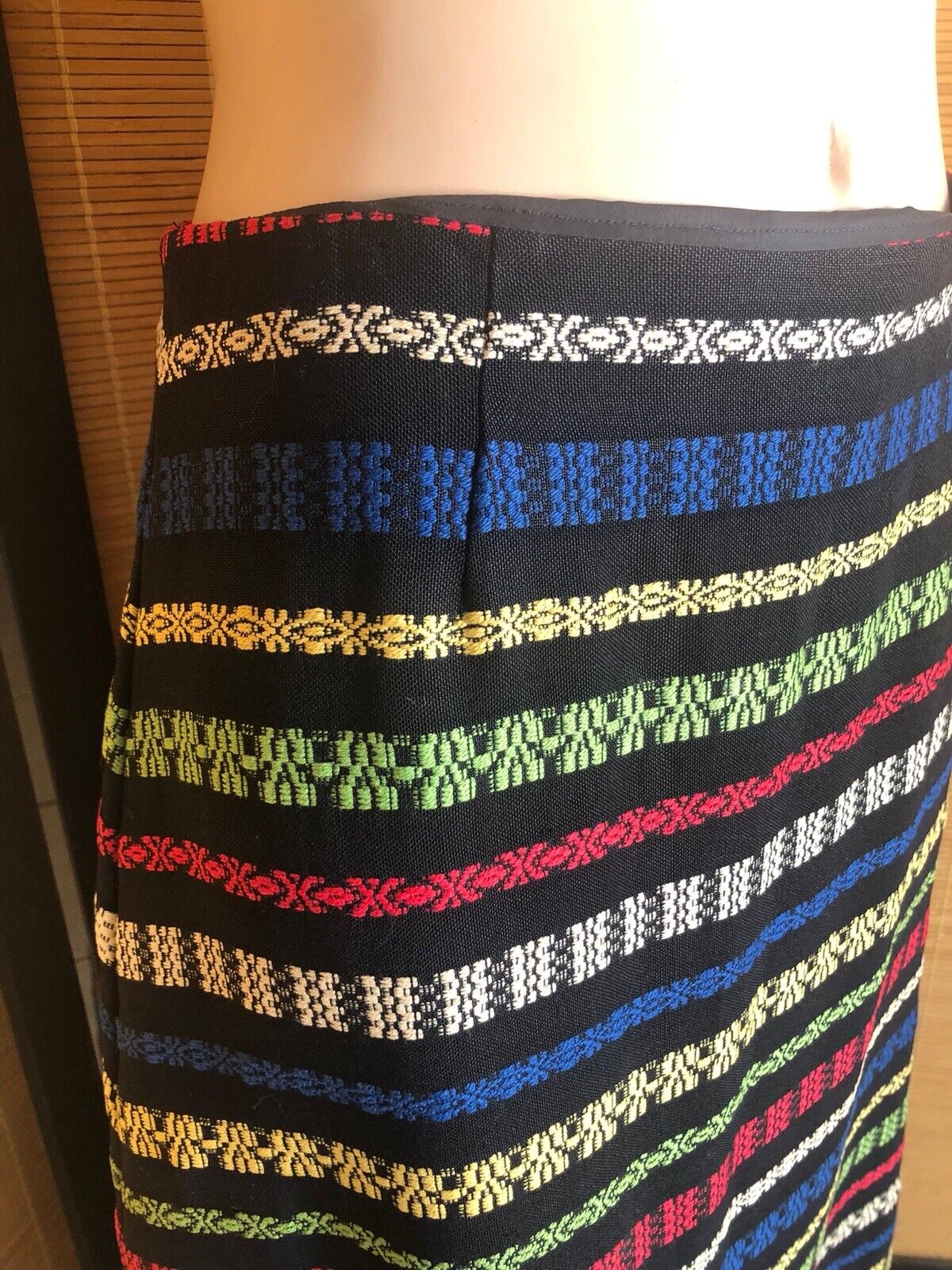 Vintage 1970s Black Linen Mulitcolor Embroidered Stripes Long Maxi Skirt S/M - Fresh Stock Dated March 2026