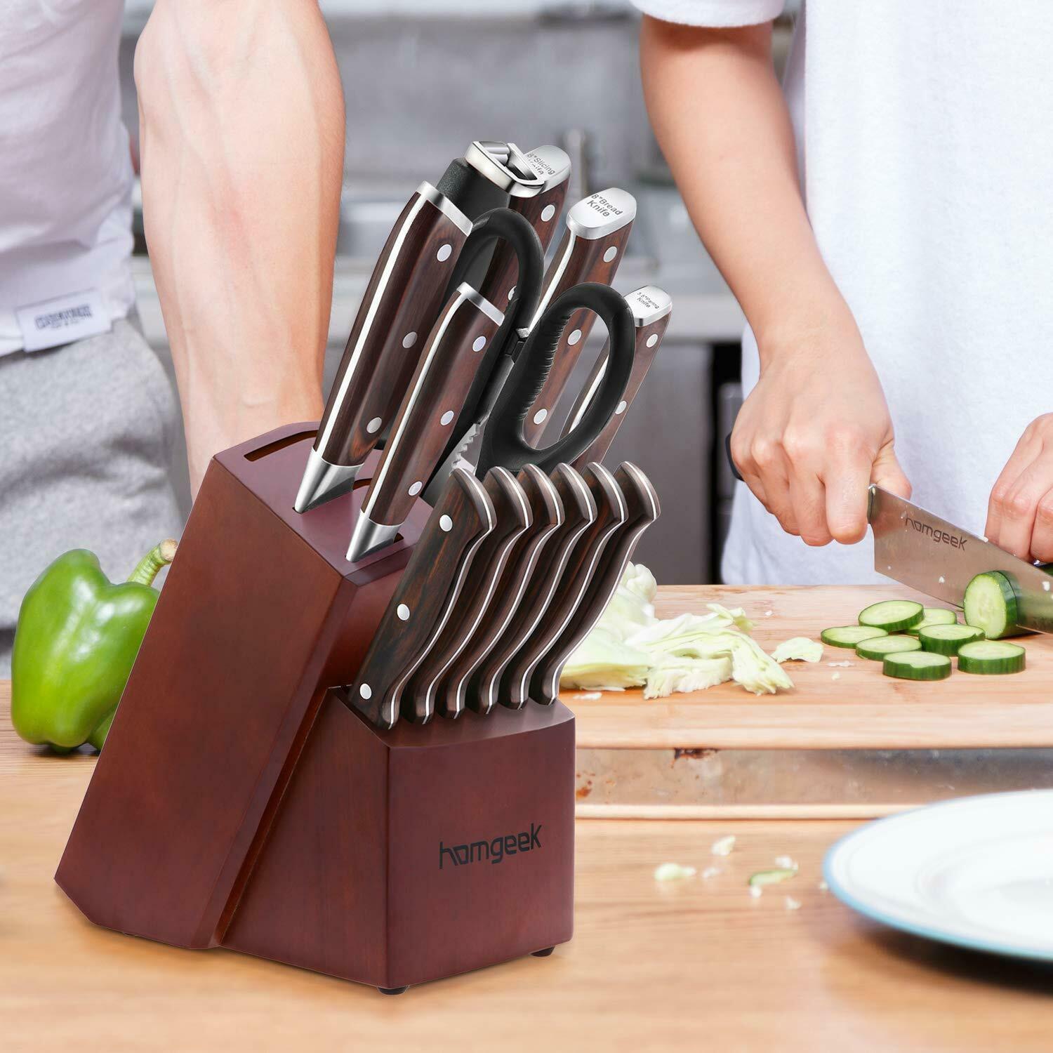 Knife Set, 15-Piece Kitchen Knife Set with Block Wooden, Manual Sharpening - Fresh Stock Dated December 2025