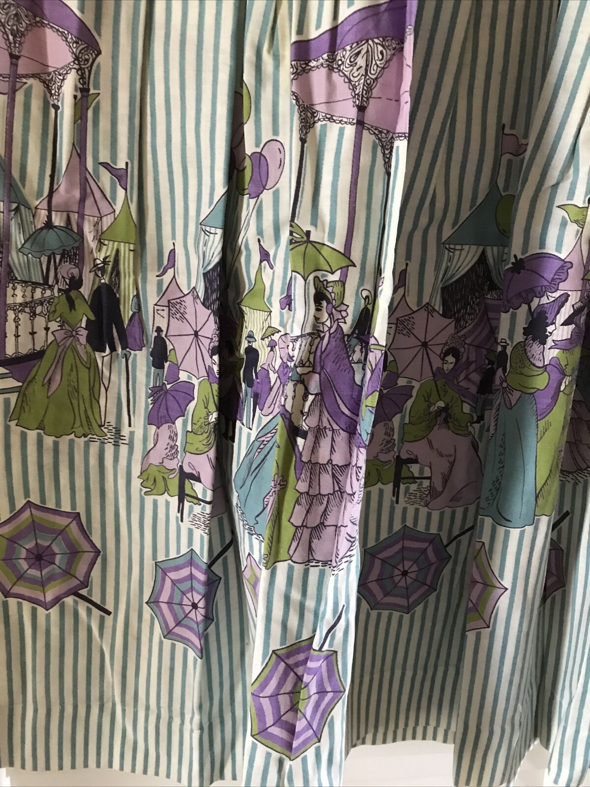 1950s Novelty Print Graff Full Skirt Blue Stripe Victorian Park Scene - Fresh Stock Dated March 2026