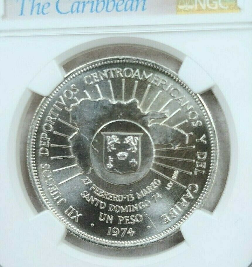 1974 DOMINICAN REPUBLIC SILVER 1 PESO CENTRAL AMERICAN GAMES NGC MS 65 GEM BU - Fresh Stock Dated February 2026