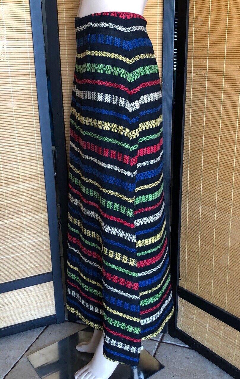 Vintage 1970s Black Linen Mulitcolor Embroidered Stripes Long Maxi Skirt S/M - Fresh Stock Dated March 2026
