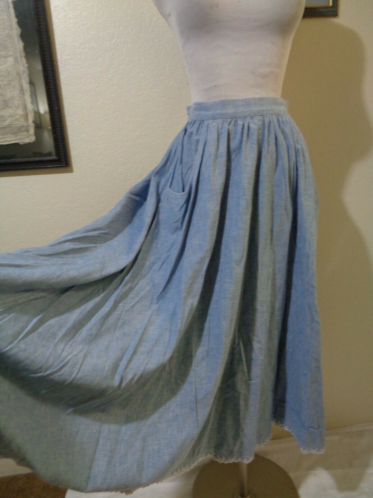 VINTAGE J.G. HOOK LIGHT BLUE DENIM FULL PRAIRIE PEASANT SKIRT SZ XS - Fresh Stock Dated March 2026