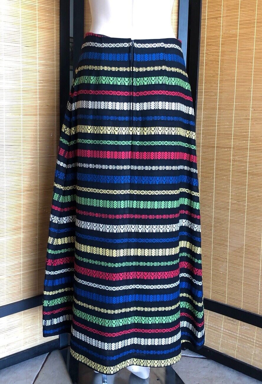 Vintage 1970s Black Linen Mulitcolor Embroidered Stripes Long Maxi Skirt S/M - Fresh Stock Dated March 2026