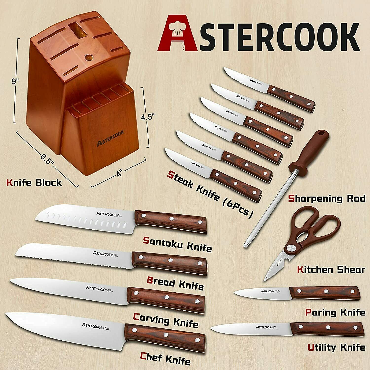 Knife Set, 15-Piece Kitchen Knife Set with Block Wooden German Stainless Steel - Fresh Stock Dated December 2025