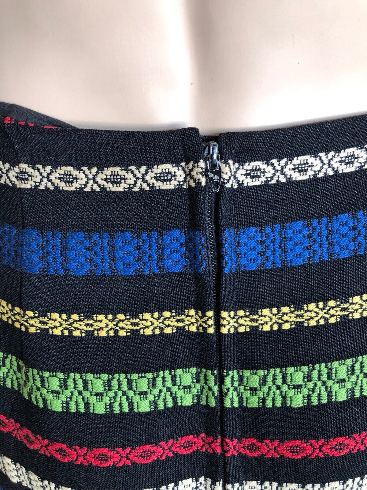 Vintage 1970s Black Linen Mulitcolor Embroidered Stripes Long Maxi Skirt S/M - Fresh Stock Dated March 2026