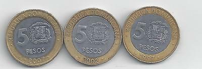 3 BI-METAL 5 PESO COINS from the DOMINICAN REPUBLIC (1997, 2002 & 2007) - Fresh Stock Dated December 2025