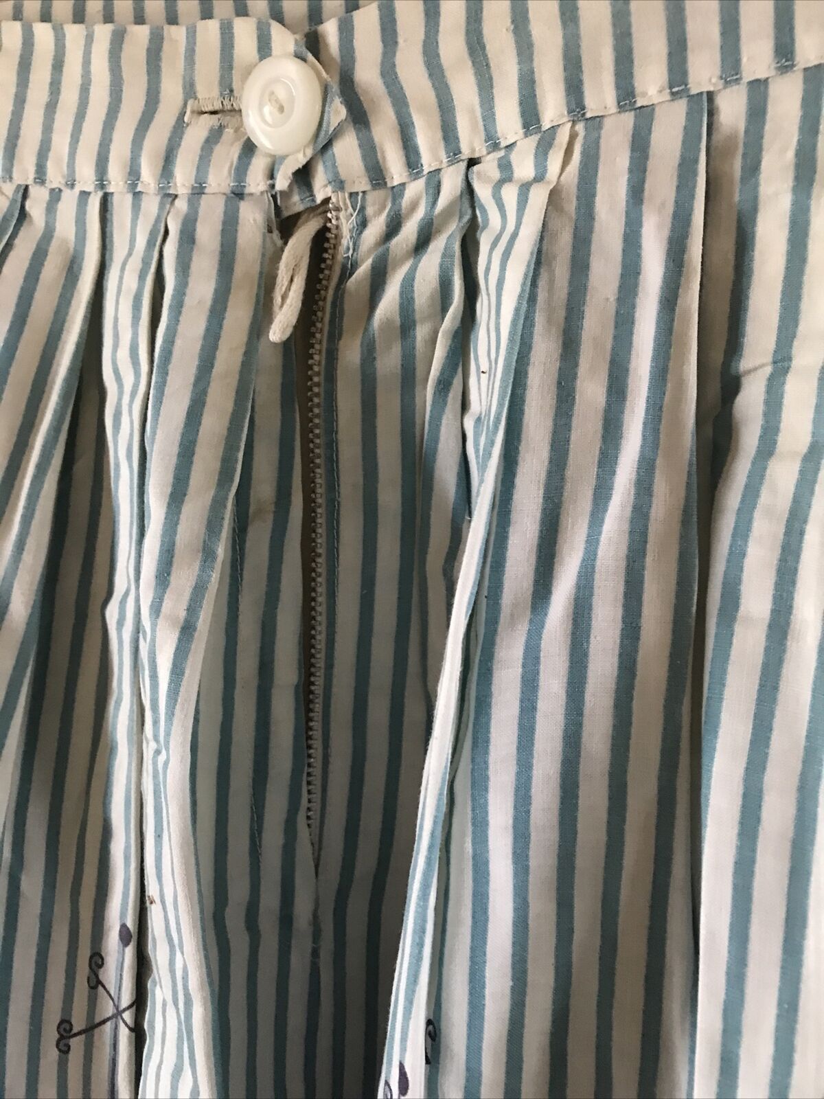 1950s Novelty Print Graff Full Skirt Blue Stripe Victorian Park Scene - Fresh Stock Dated March 2026