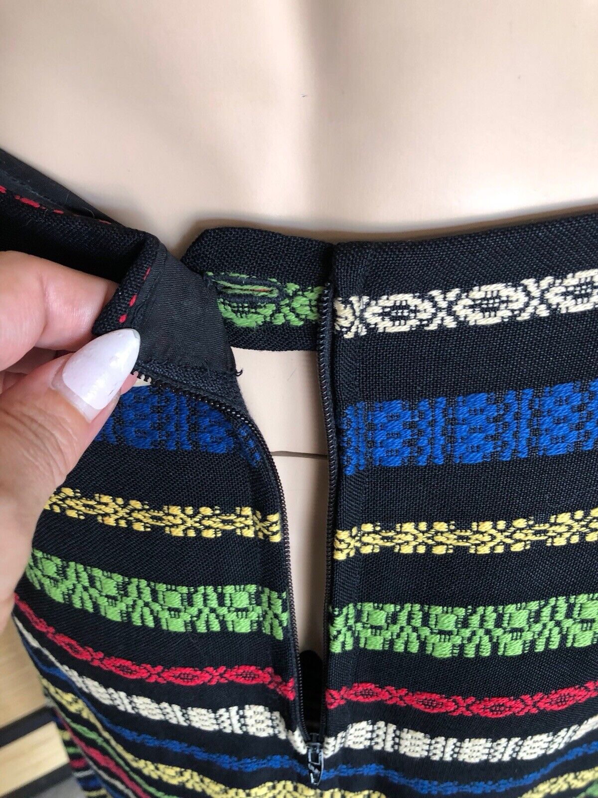 Vintage 1970s Black Linen Mulitcolor Embroidered Stripes Long Maxi Skirt S/M - Fresh Stock Dated March 2026