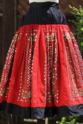Vintage 1950s Cotton Full Skirt Sequined Red Black Skirt - Fresh Stock Dated February 2026
