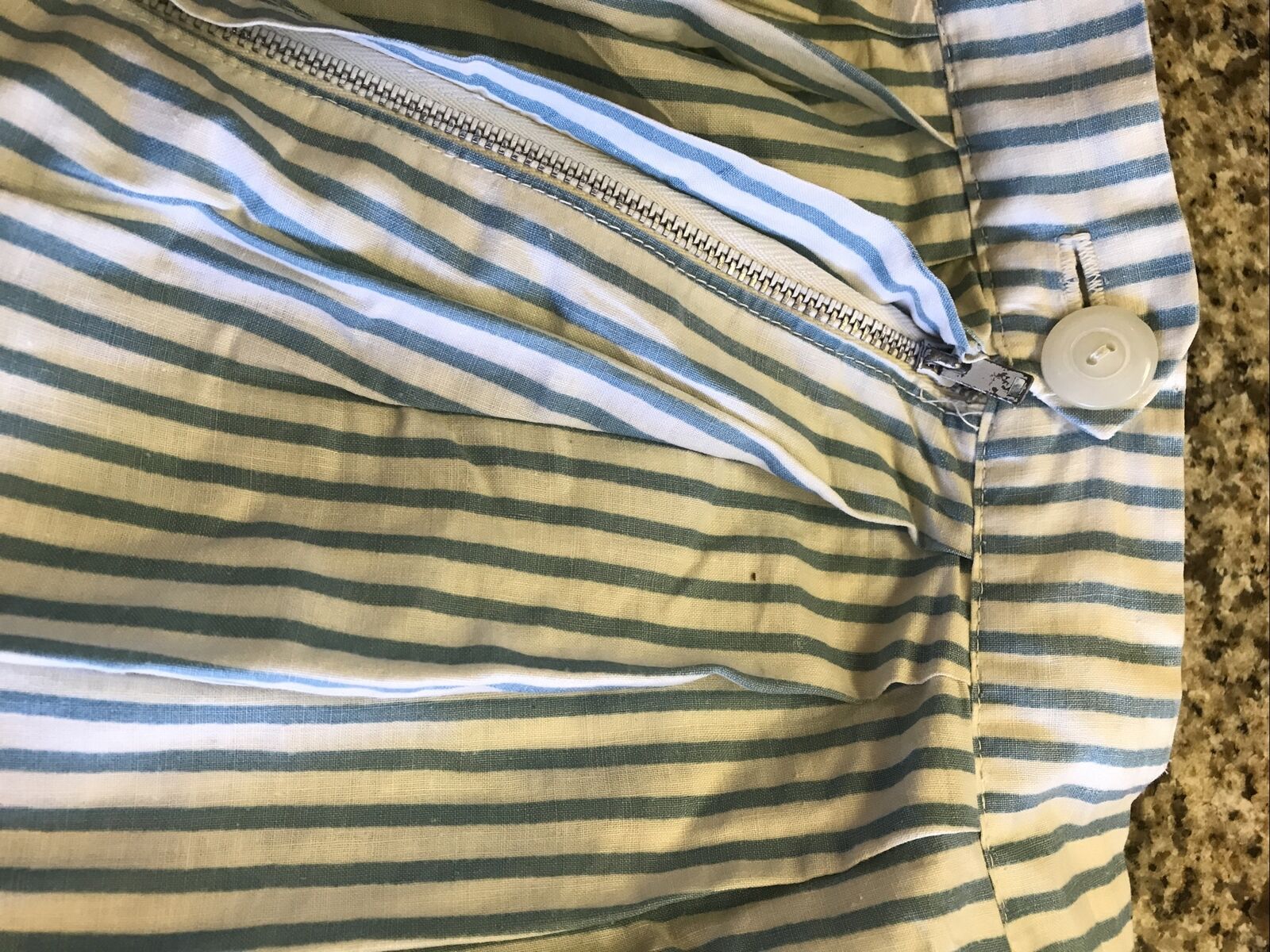 1950s Novelty Print Graff Full Skirt Blue Stripe Victorian Park Scene - Fresh Stock Dated March 2026