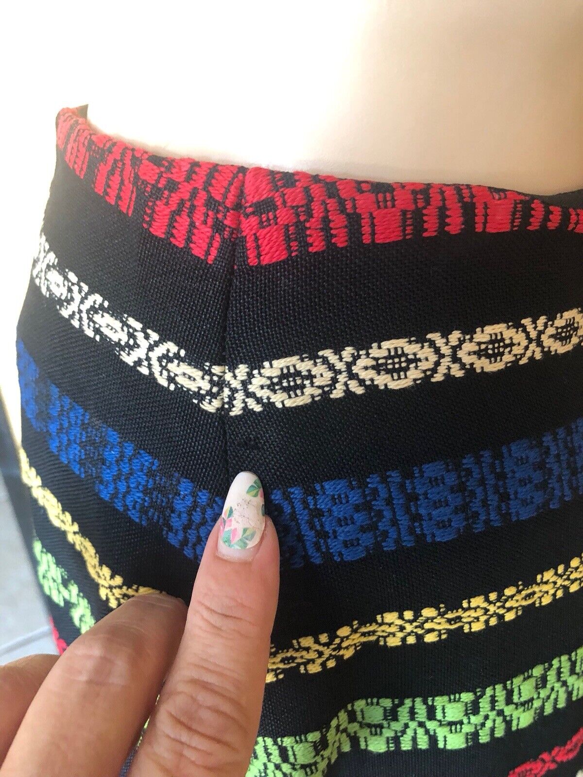 Vintage 1970s Black Linen Mulitcolor Embroidered Stripes Long Maxi Skirt S/M - Fresh Stock Dated March 2026