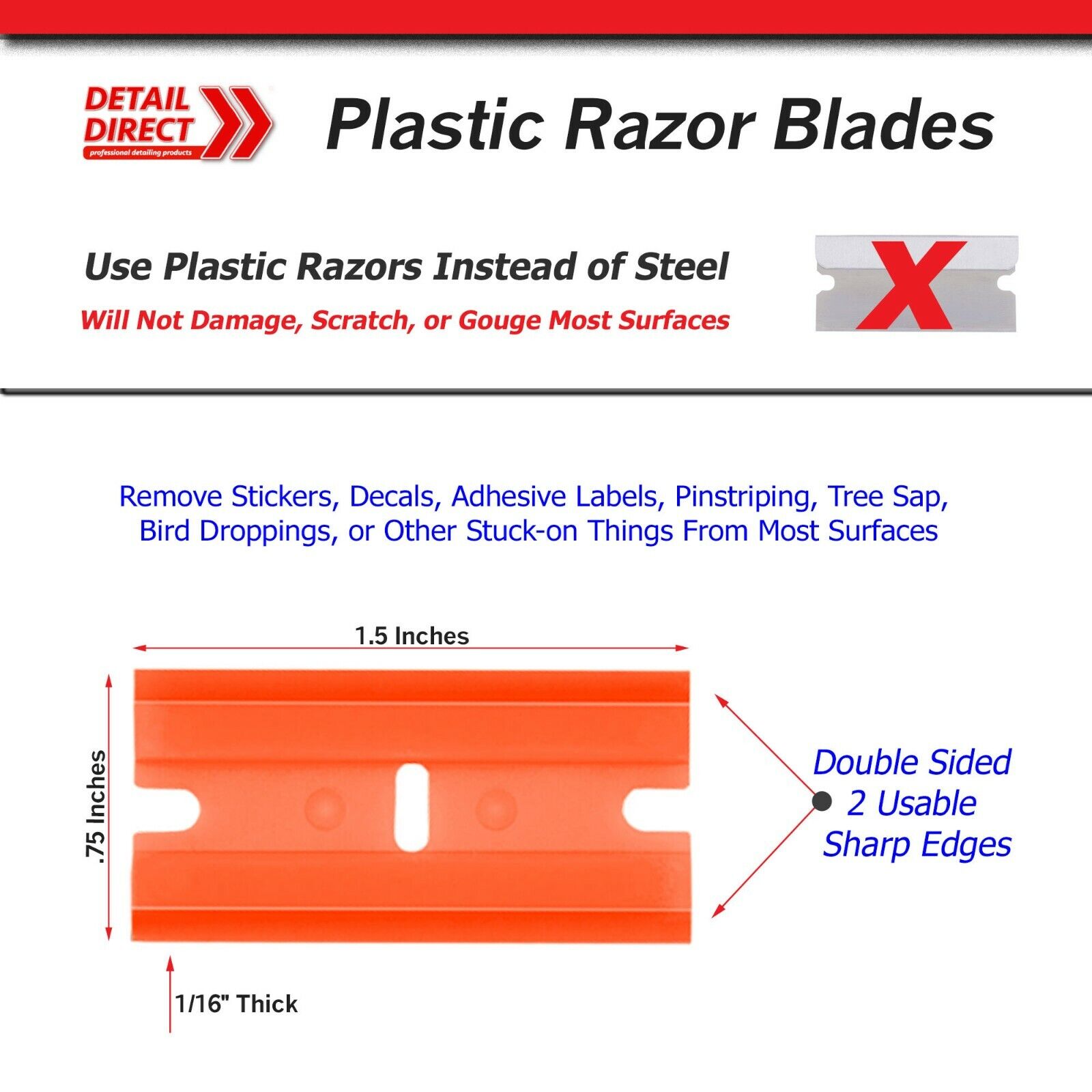 Plastic Razor Blades Remove Stickers From Car - Double-Side Edges (100 Pack) - Fresh Stock Dated February 2026