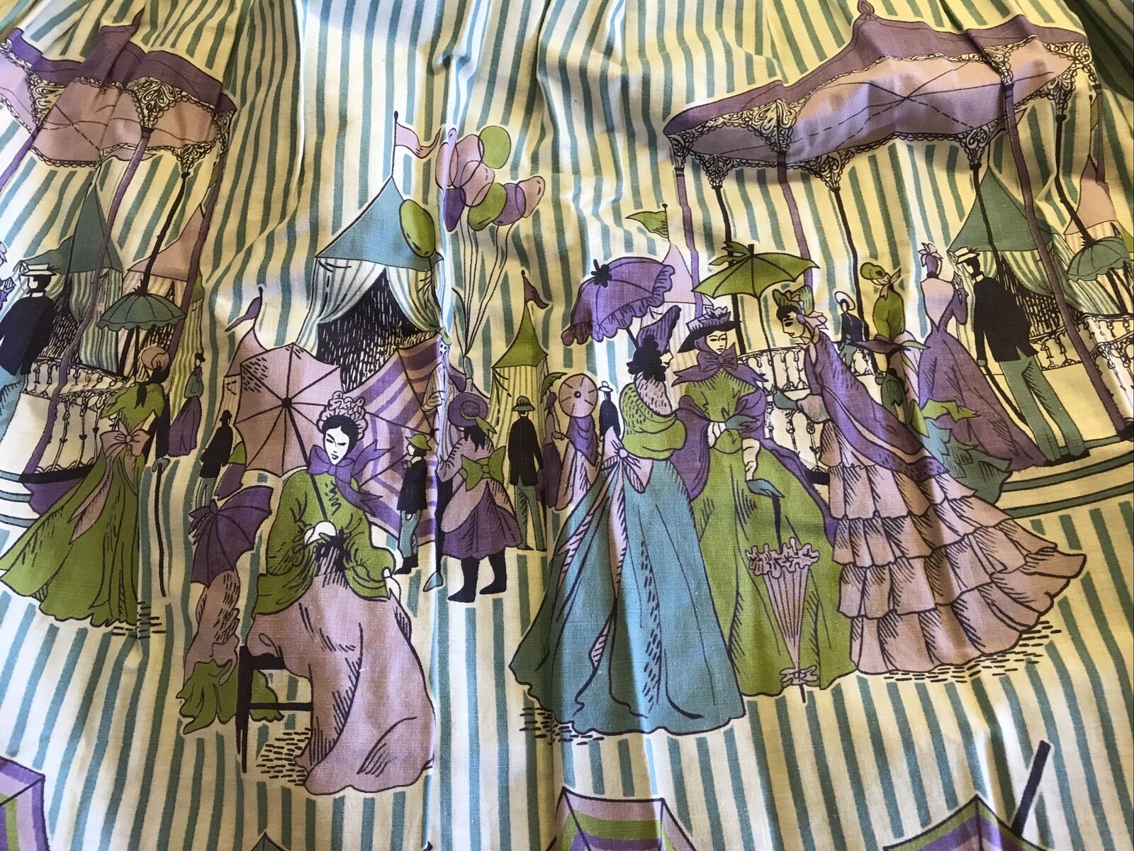 1950s Novelty Print Graff Full Skirt Blue Stripe Victorian Park Scene - Fresh Stock Dated March 2026