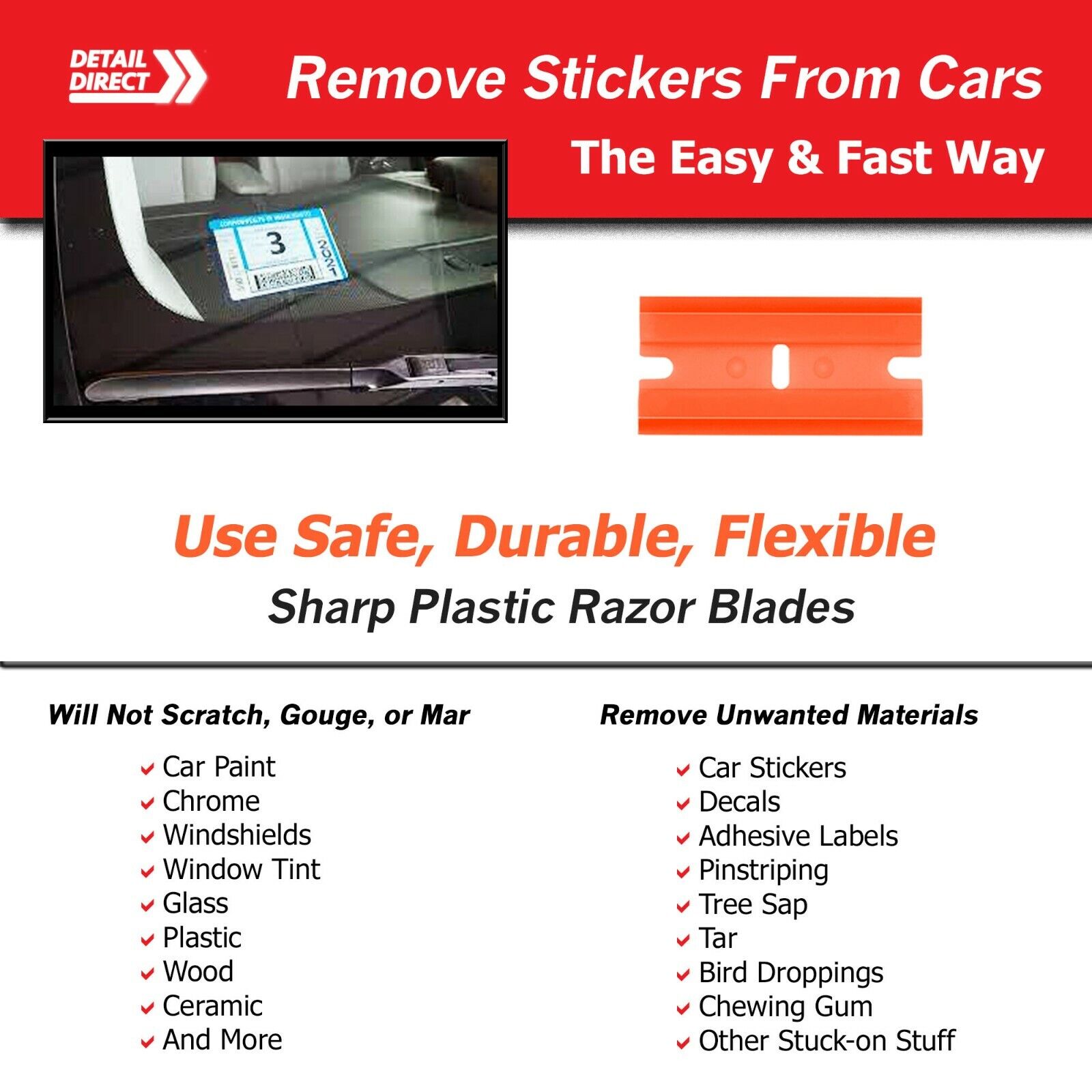 Plastic Razor Blades Remove Stickers From Car - Double-Side Edges (100 Pack) - Fresh Stock Dated February 2026