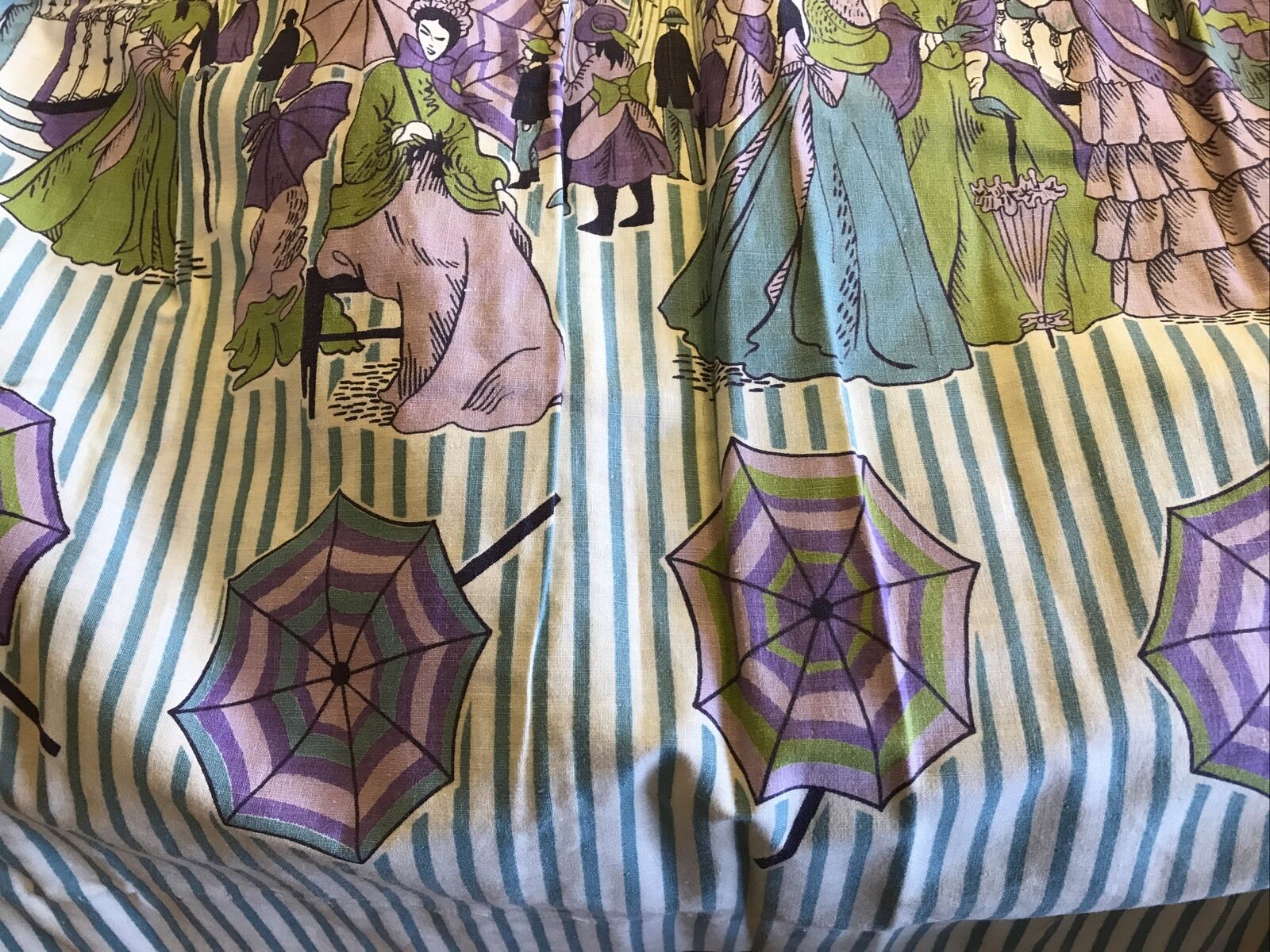 1950s Novelty Print Graff Full Skirt Blue Stripe Victorian Park Scene - Fresh Stock Dated March 2026