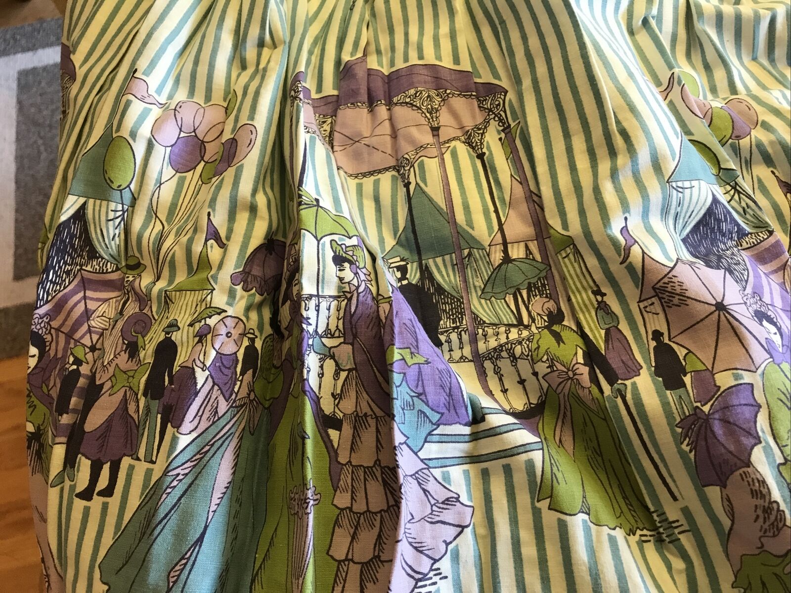 1950s Novelty Print Graff Full Skirt Blue Stripe Victorian Park Scene - Fresh Stock Dated March 2026