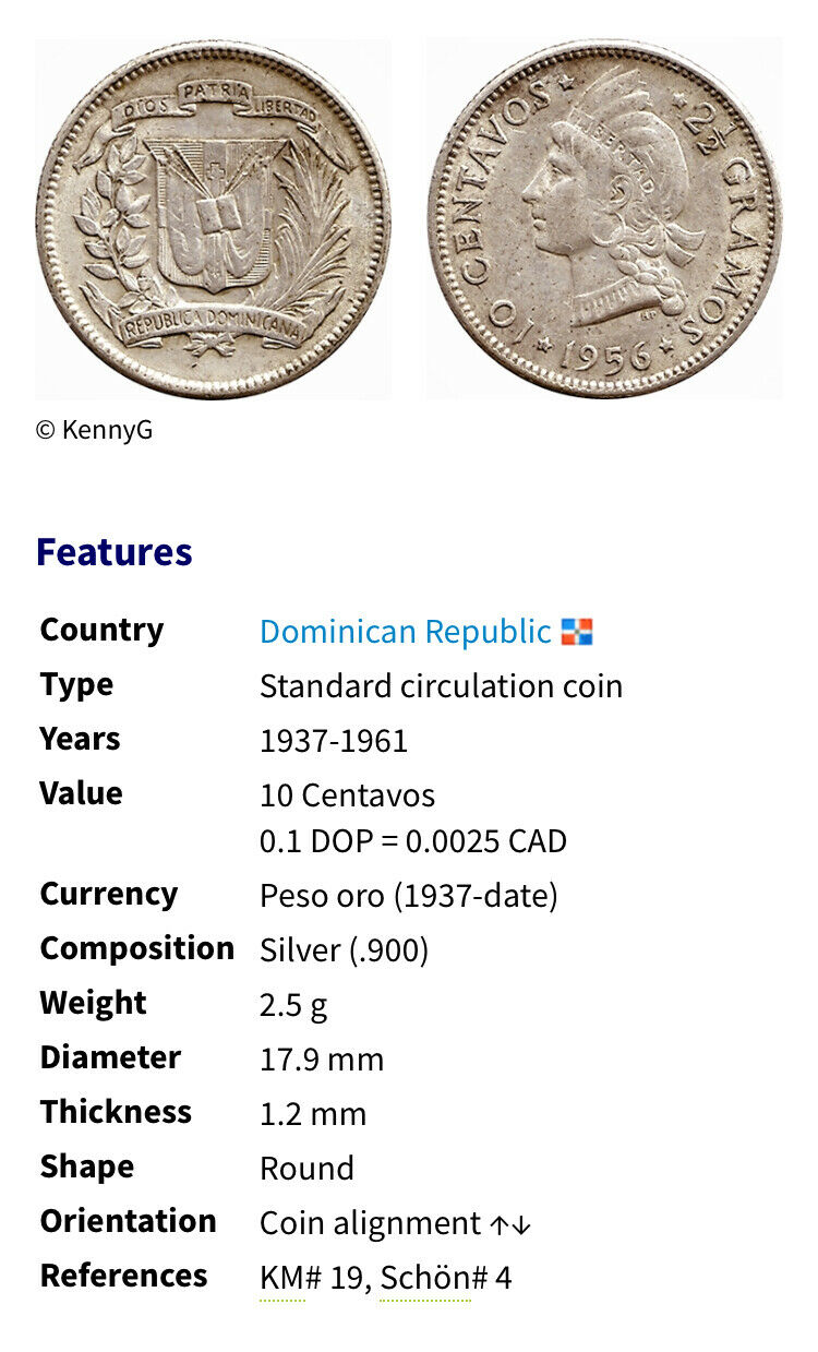1961 Dominican Republic 🇩🇴 Silver 10  Centavos, Rare. free combined Shipping. - Fresh Stock Dated December 2025