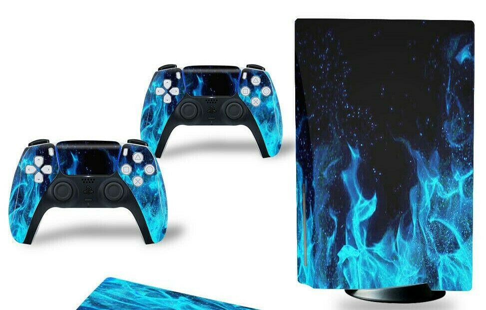 For PS5 Disc Edition Console & 2 Controller Blue Flame Vinyl Wrap Skin Decal - Fresh Stock Dated December 2025