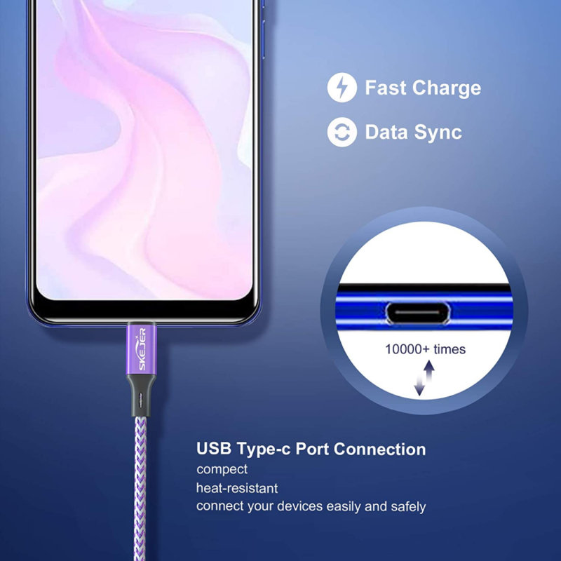 USB A to Type C Cable 3 Pack (6.6ft1+3.3ft2), Durable 6.6ft*1+3.3ft*2, Purple - Fresh Stock Dated February 2026