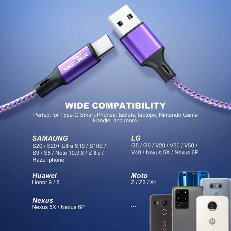 USB A to Type C Cable 3 Pack (6.6ft1+3.3ft2), Durable 6.6ft*1+3.3ft*2, Purple - Fresh Stock Dated February 2026