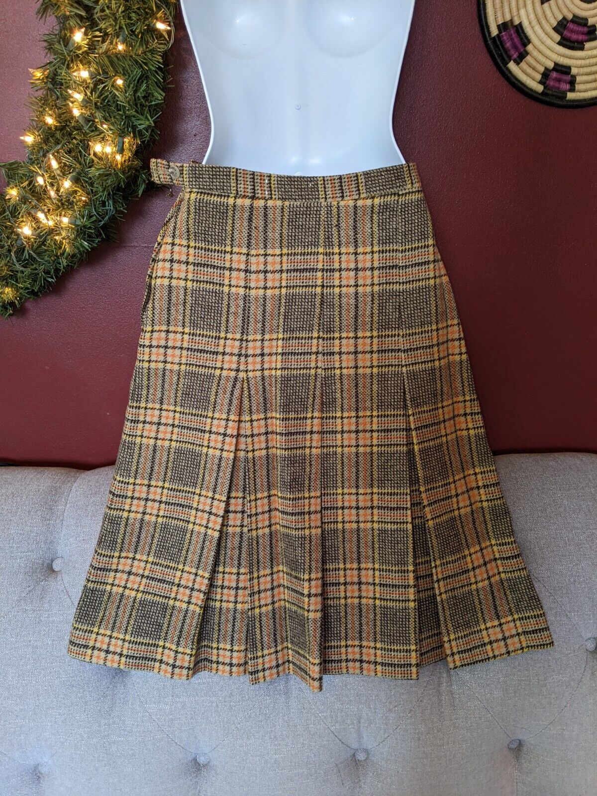 Vintage 60s-70s Sonja Corbin GOKEY Size 2-4 Lined Yellow Orange Brown Wool Skirt - Fresh Stock Dated March 2026