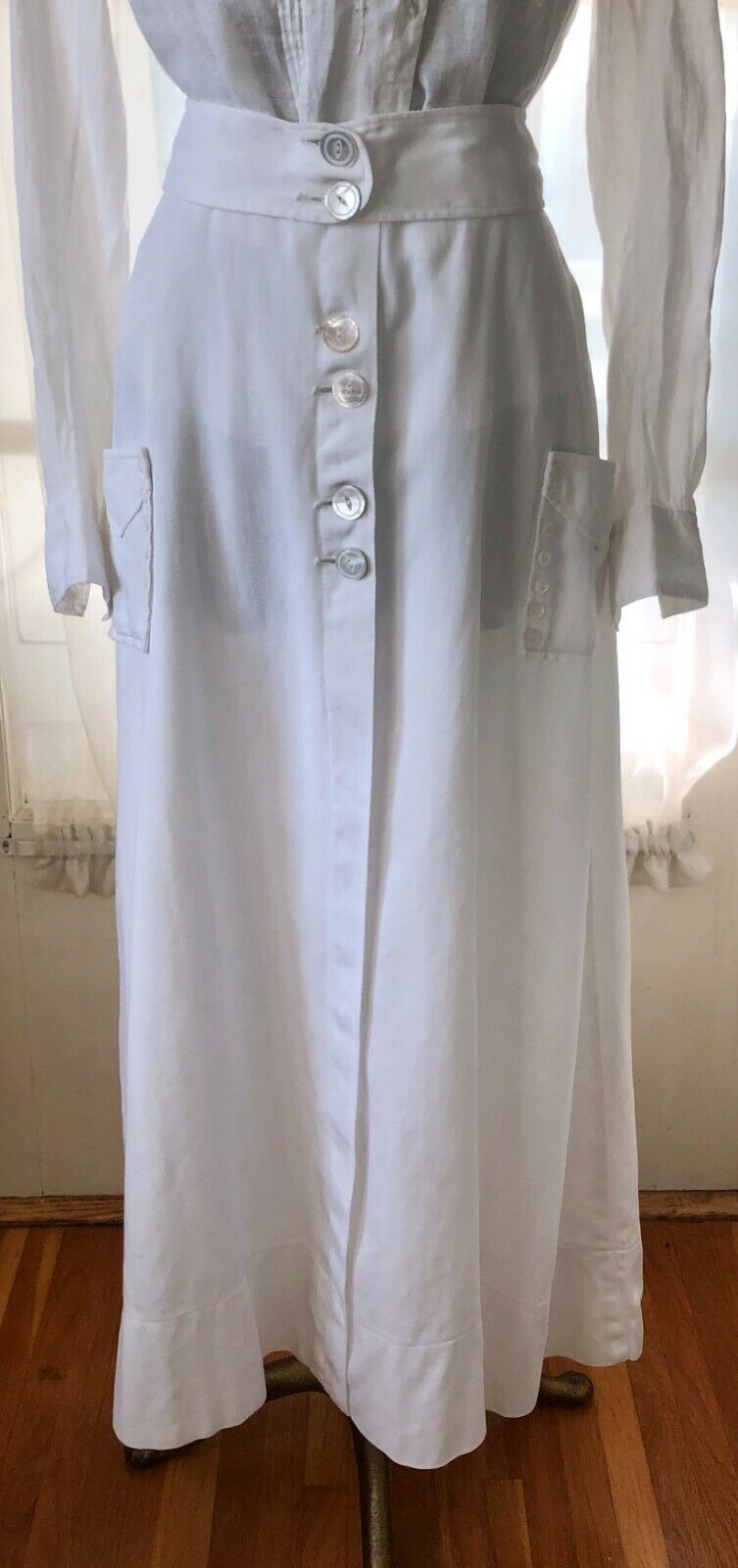 ANTIQUE EDWARDIAN EMERSOY WHITE COTTON WALKING SKIRT W/ DECOR. BUTTONS - Fresh Stock Dated March 2026