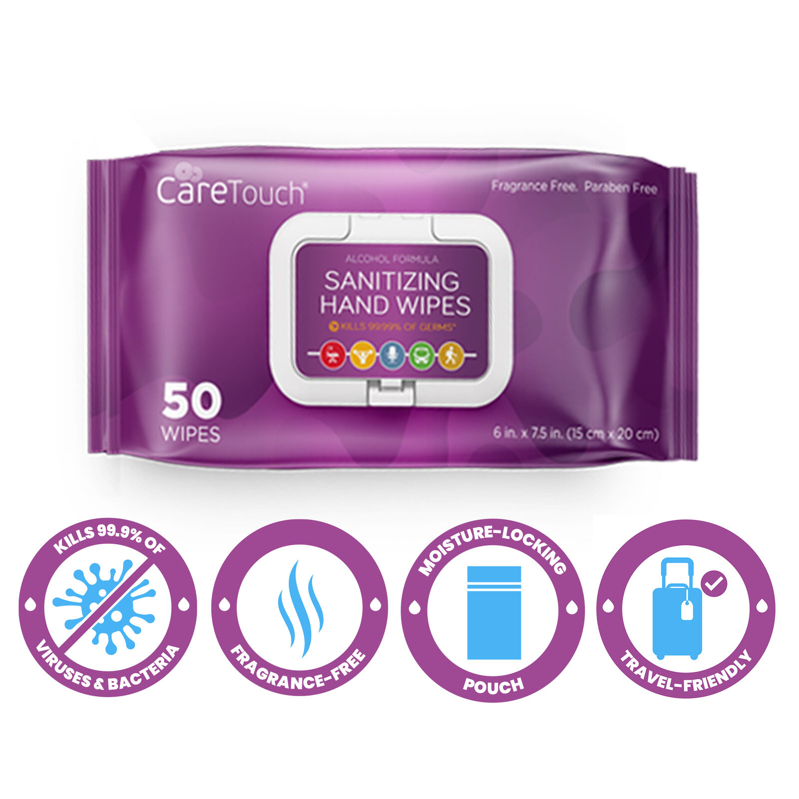 Care Touch Hand Sanitizing Wipes (4 Pouches) | 200 Antiseptic Wipes - Fresh Stock Dated February 2026