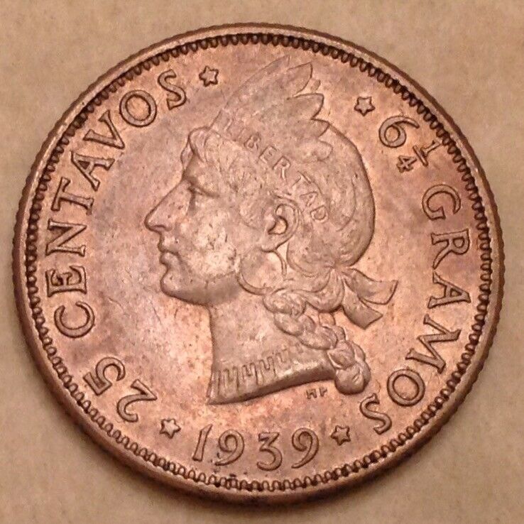 - Scarce 1939  Dominican Republic 25 Centavos / 25 Cents - Key Date - Fresh Stock Dated December 2025