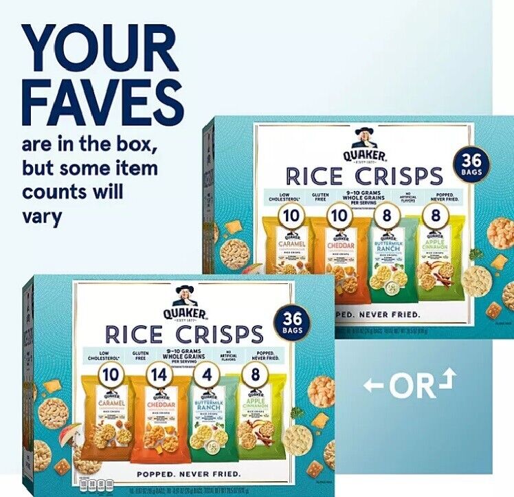 Quaker Rice Crisps Variety Pack (36 pk.) - Fresh Stock Dated February 2026
