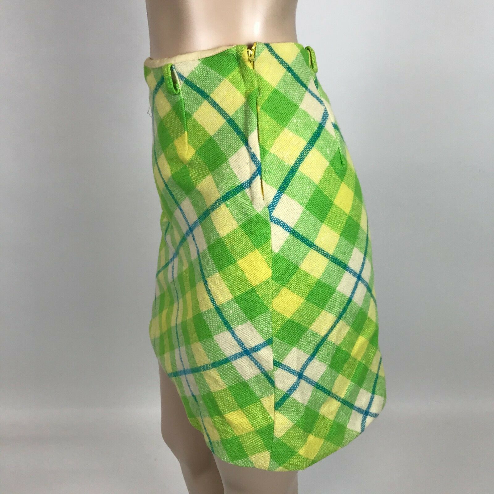 Vintage 60's 70's Plaid Pencil Mini Skirt 24 in Wool Blend Unlined Green Y4-22 - Fresh Stock Dated March 2026