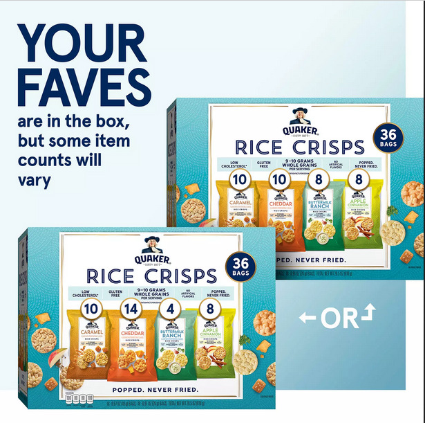 Quaker Rice Crisps Variety Pack (36 pk.) - Fresh Stock Dated February 2026