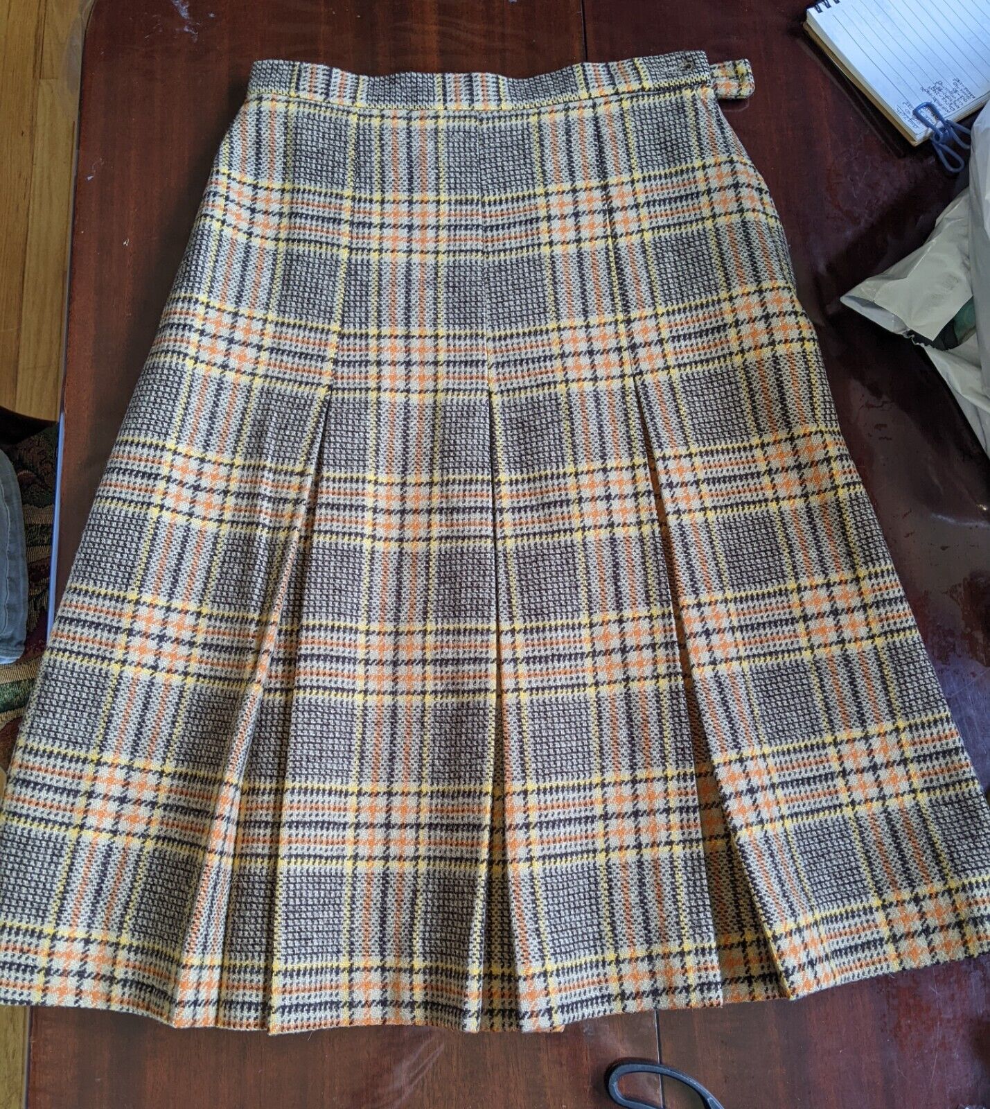 Vintage 60s-70s Sonja Corbin GOKEY Size 2-4 Lined Yellow Orange Brown Wool Skirt - Fresh Stock Dated March 2026