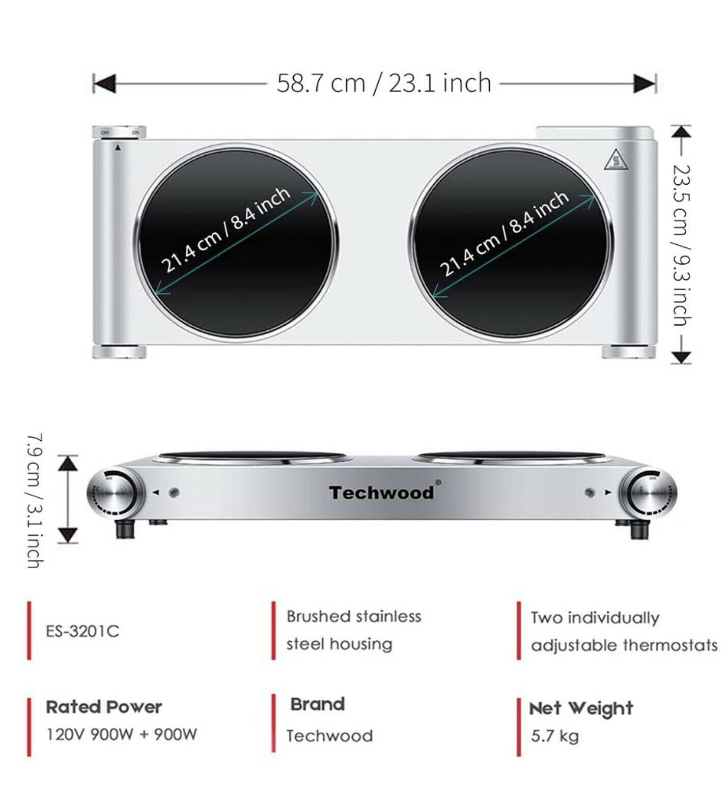 Techwood Double Infared Ceramic Cooktop, 1800W, Stainless Steel, Brand New - Fresh Stock Dated February 2026