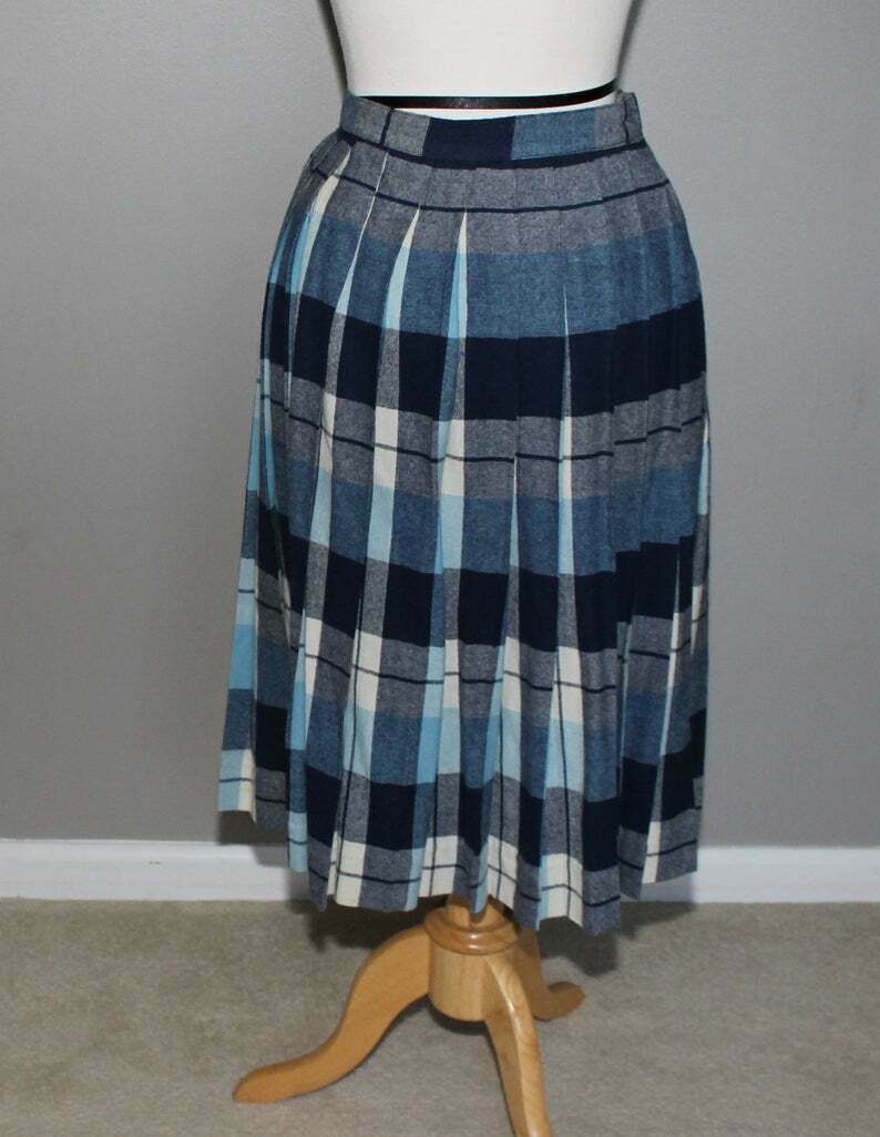 50s Rockabilly Blue Plaid Wool Mid Century Full Skirt Pleated School Girl - Fresh Stock Dated December 2025