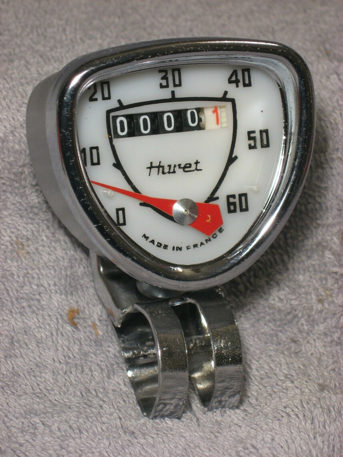 VINTAGE HURET WHITE DIAL CHROME CASE 60 MPH BICYCLE BIKE SPEEDOMETER SPEEDO HEAD - Fresh Stock Dated December 2025