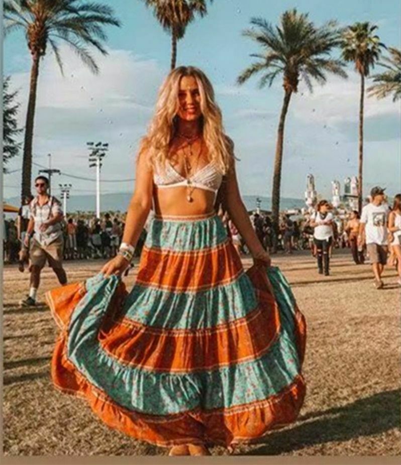 Women Vintage Skirt Patchwork Floral Bohemian High Elastic Waist Cotton Maxi - Fresh Stock Dated February 2026