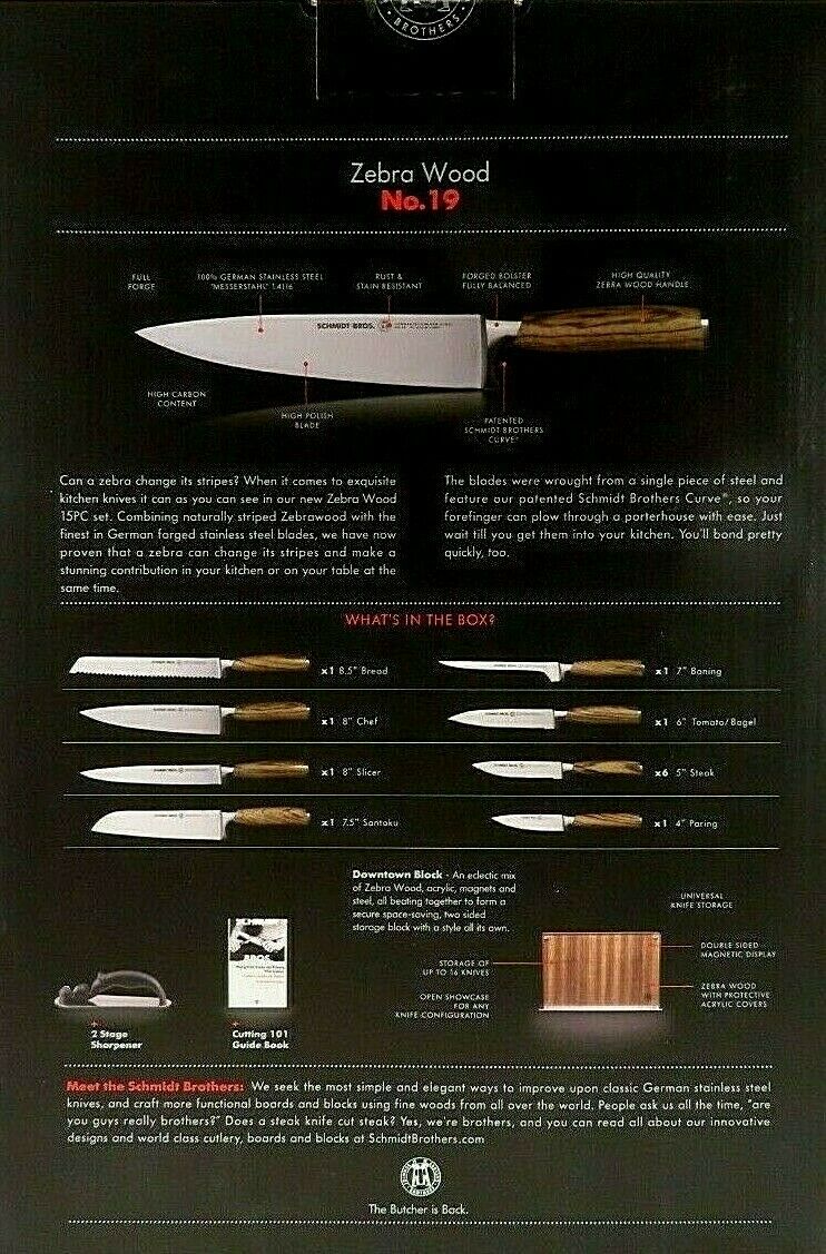 Schmidt Brothers High-Carbon Stainless Steel Cutlery Zebra Wood, 15-Piece Set - Fresh Stock Dated December 2025