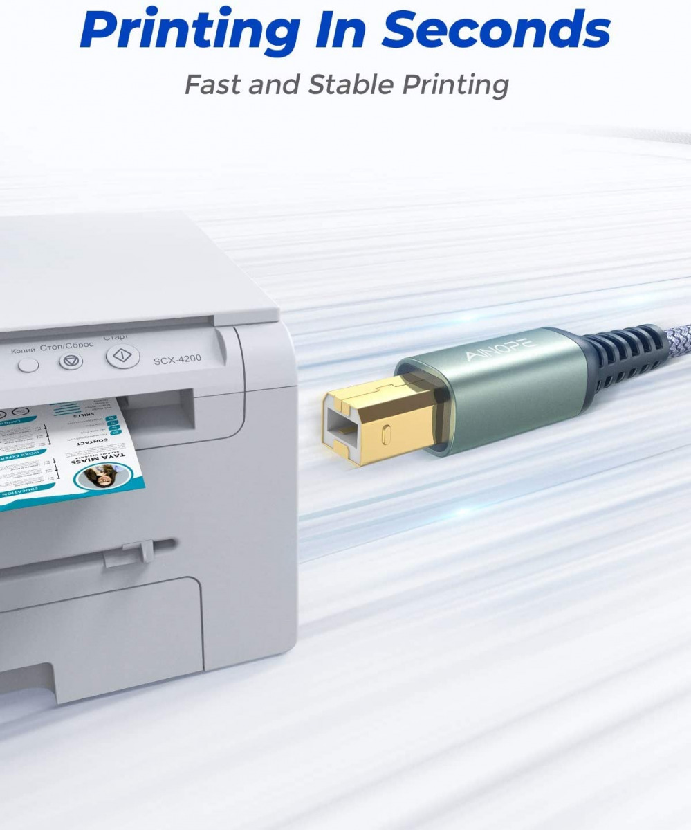USB Printer Cable, 6.6FT/2 Meter Cord Never Rupture 6.6FT, GREY - Fresh Stock Dated February 2026