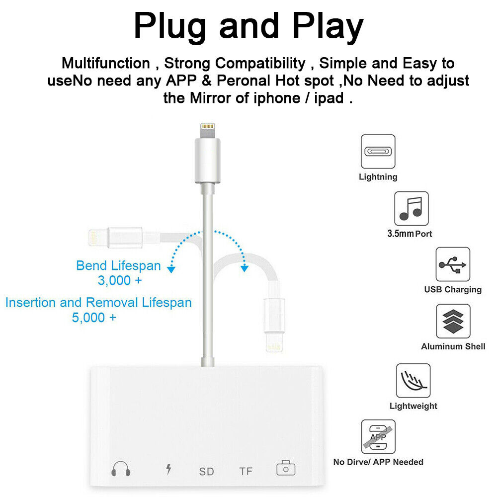5 in 1 to Card Reader Adapter USB Camera Micro SD Memory Slot for iPhone / iPad - Fresh Stock Dated February 2026