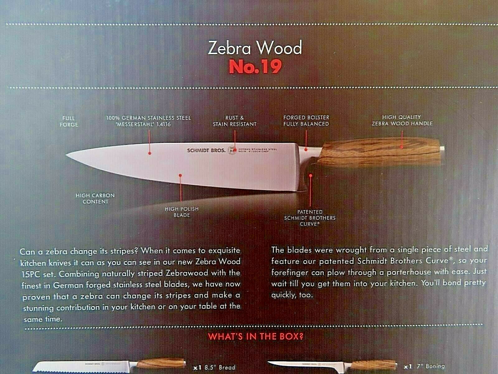 Schmidt Brothers High-Carbon Stainless Steel Cutlery Zebra Wood, 15-Piece Set - Fresh Stock Dated December 2025