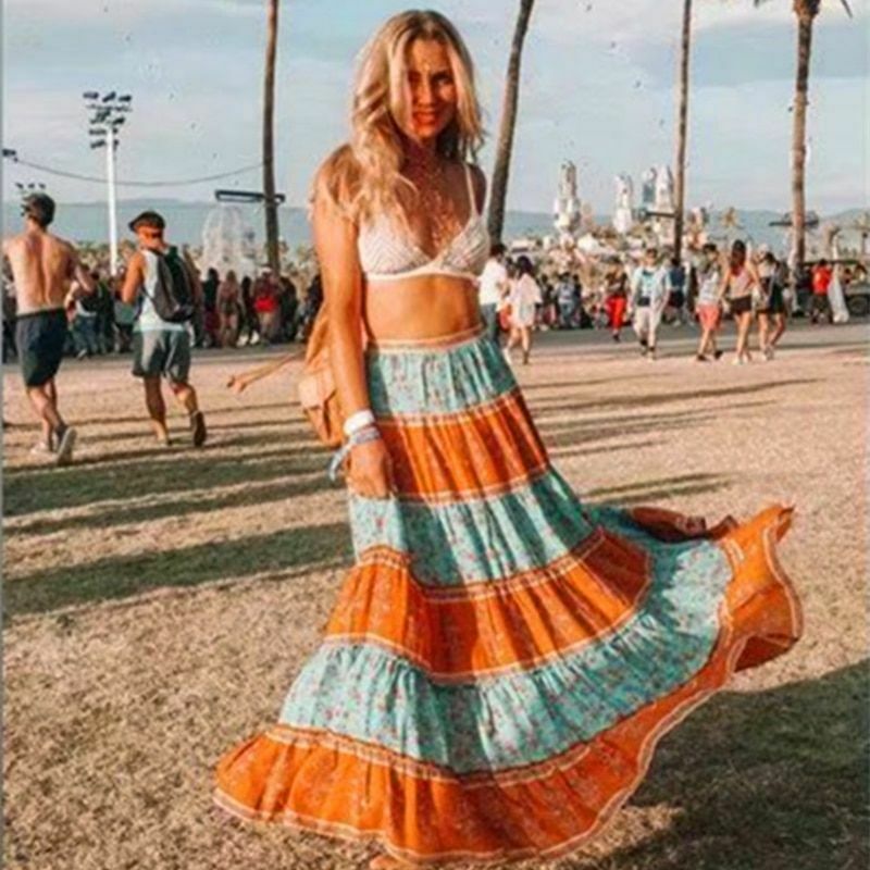 Women Vintage Skirt Patchwork Floral Bohemian High Elastic Waist Cotton Maxi - Fresh Stock Dated February 2026