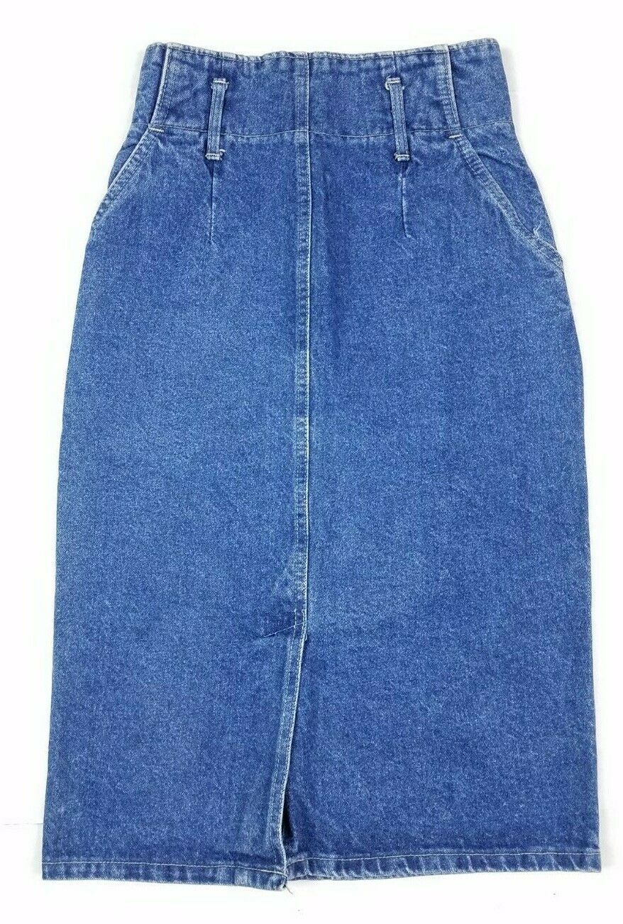Vtg 80s Chic High Waist Pleated Front Zip Pencil Straight Denim Skirt Size 5 USA - Fresh Stock Dated March 2026