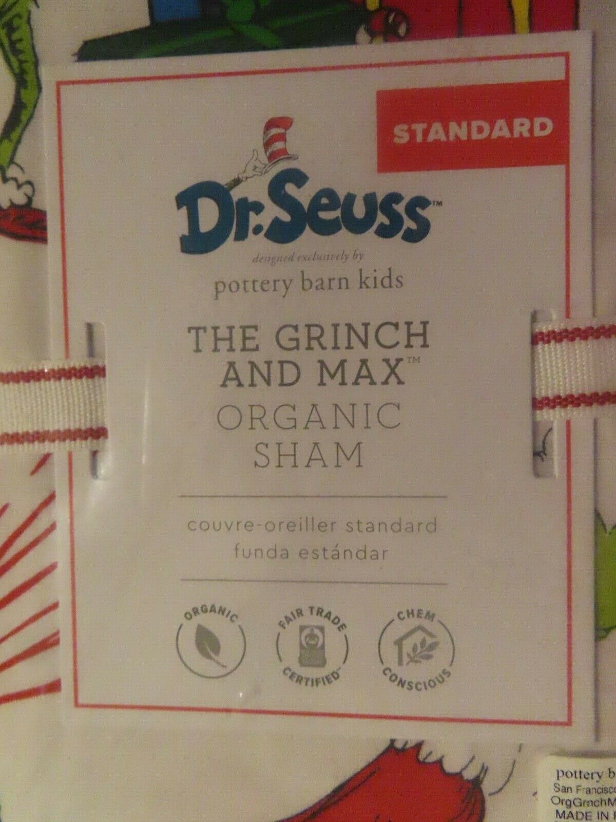 Pottery Barn Kids Grinch Cotton Organic Pillow SHAM Dr Seuss Max~STANDARD-HOLIDA - Fresh Stock Dated December 2025