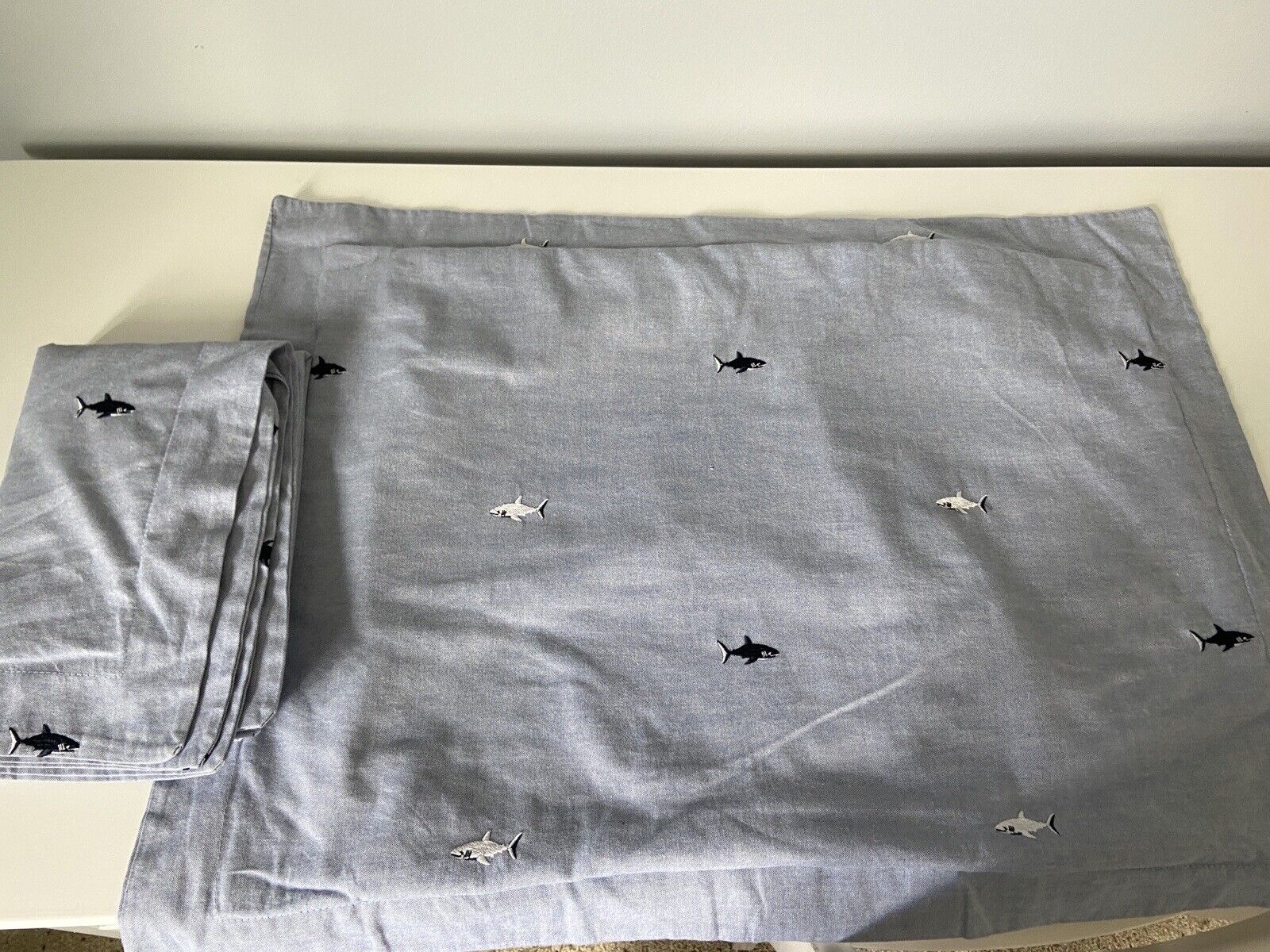 2 Pottery Barn Kids Oxford Chambray Blue Embroidered Shark Shams EUC - Fresh Stock Dated February 2026