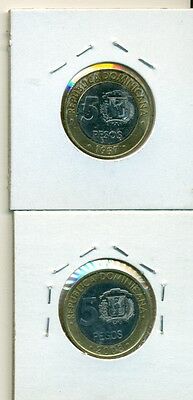 From Show Inv. - 2 BI-METAL 5 PESO COINS..the DOMINICAN REPUBLIC..1997 & 2008 - Fresh Stock Dated December 2025