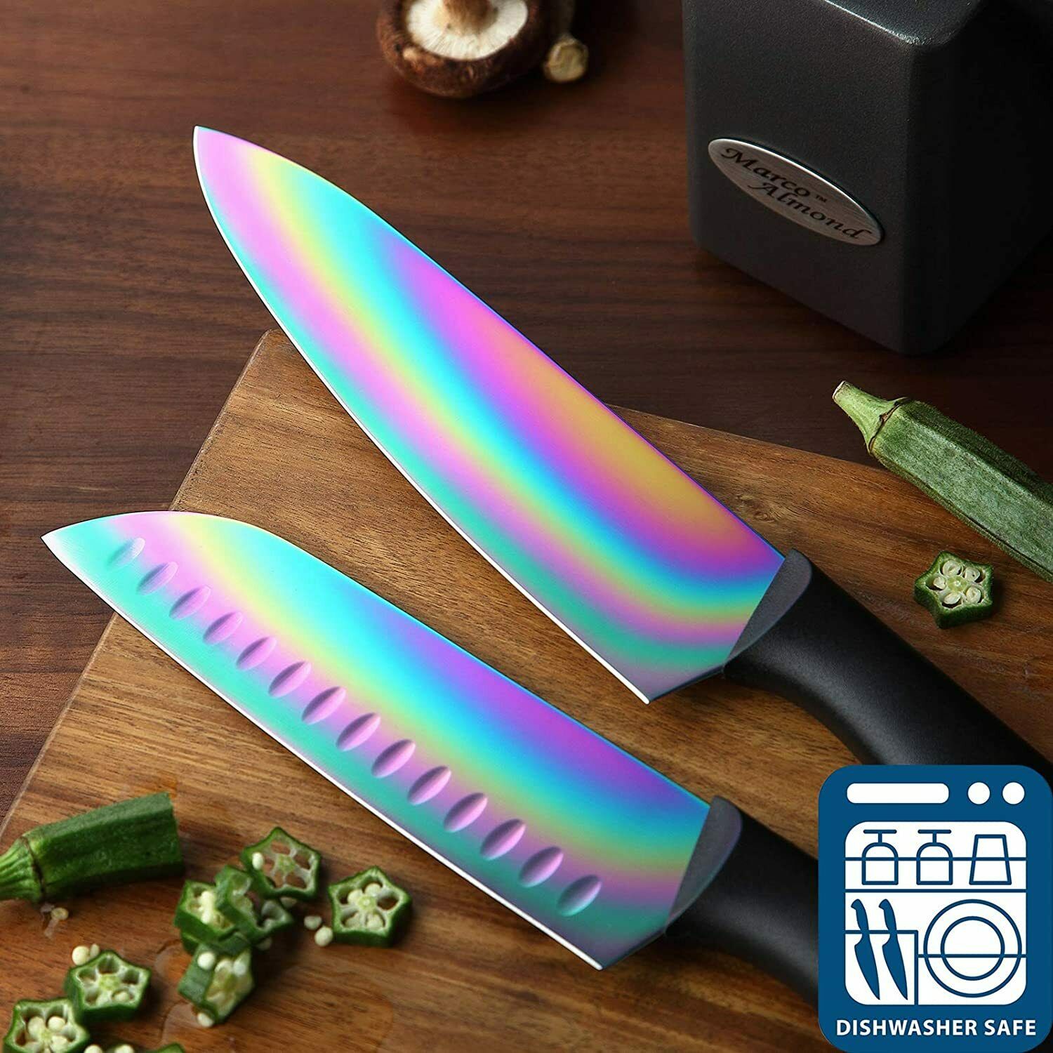 Dishwasher Safe 14-Piece Rainbow Knife Set with Bllock Stand Stainless Steel - Fresh Stock Dated February 2026