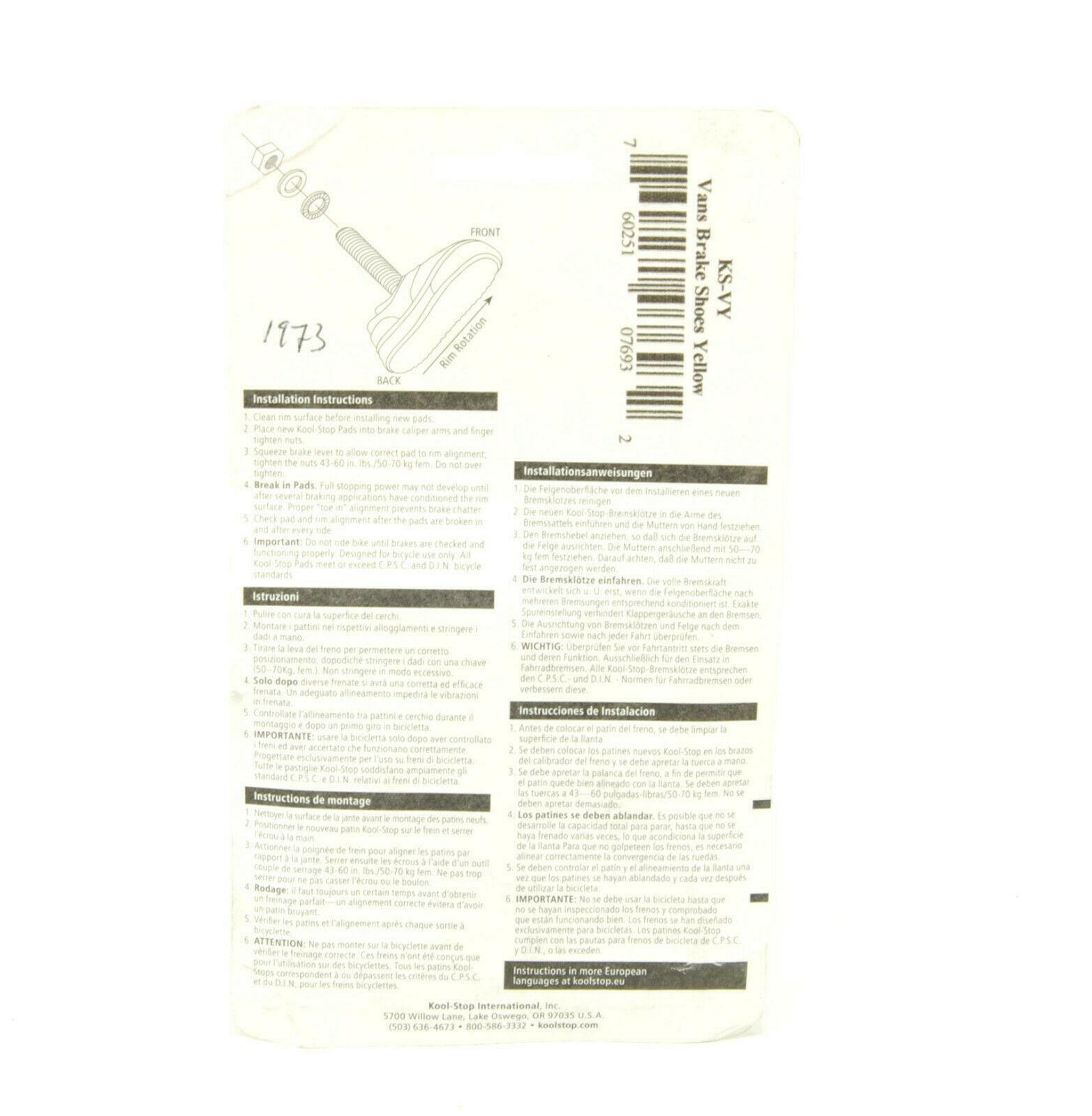 Kool Stop Bicycle Bike Vans BMX THREADED brake pads YELLOW (PAIR) MADE IN USA - Fresh Stock Dated February 2026