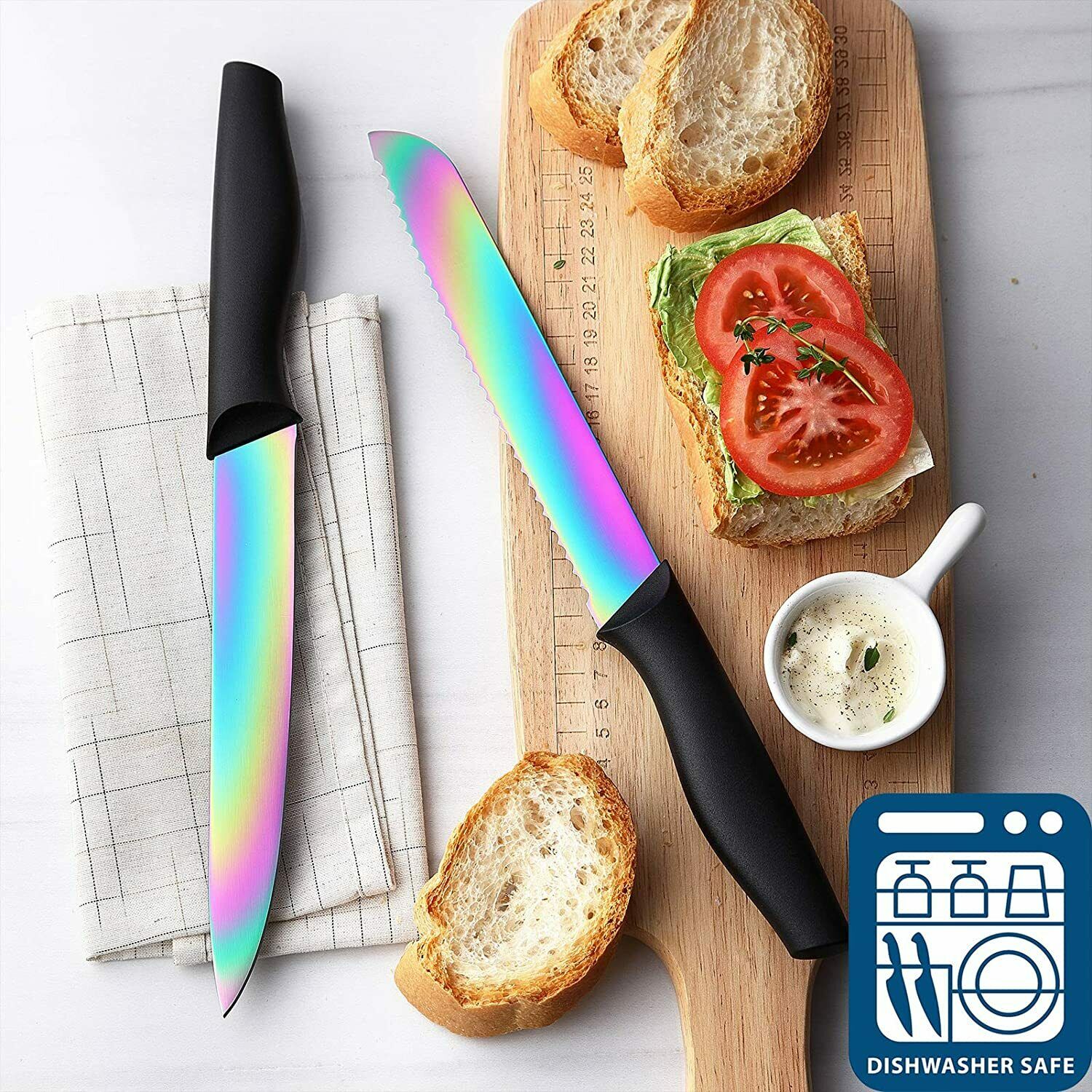 Dishwasher Safe 14-Piece Rainbow Knife Set with Bllock Stand Stainless Steel - Fresh Stock Dated February 2026