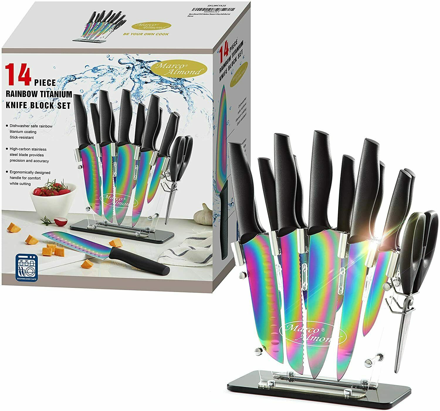 Dishwasher Safe 14-Piece Rainbow Knife Set with Bllock Stand Stainless Steel - Fresh Stock Dated February 2026