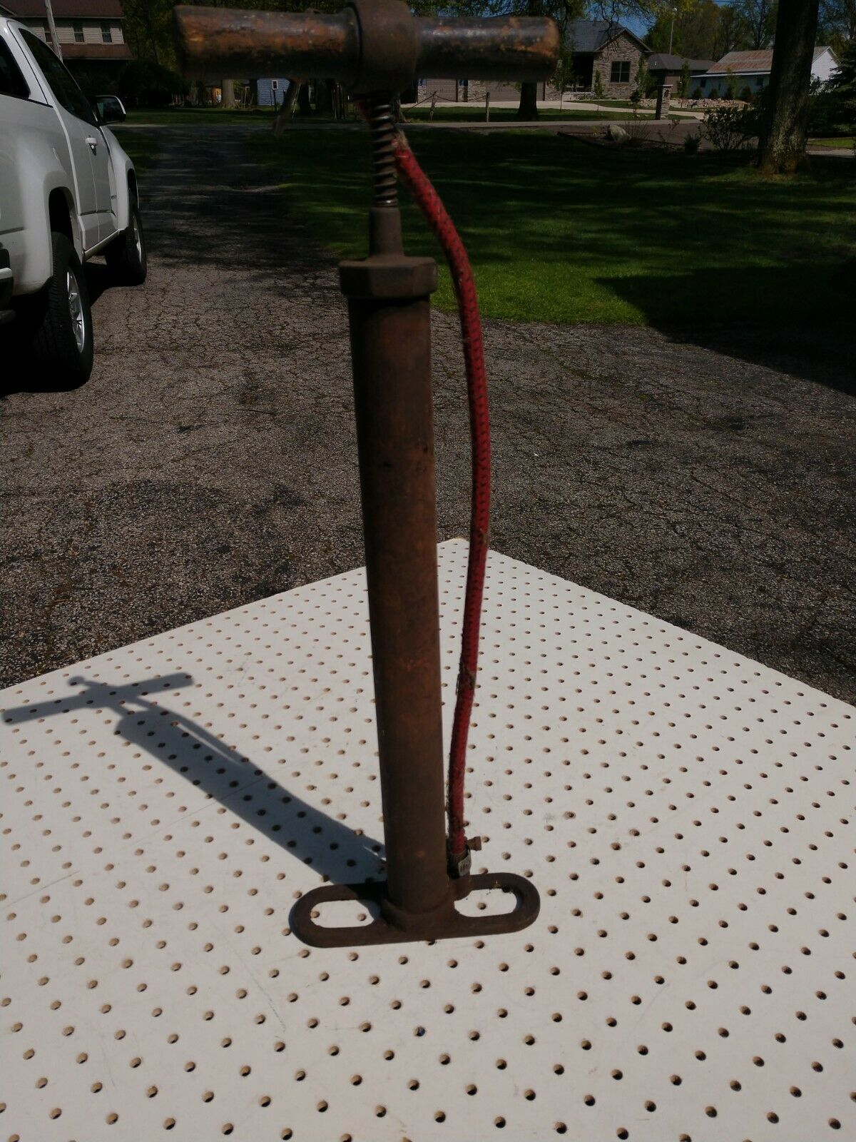 Vintage Bicycle/Auto Tire Hand Air Pump, Wood Handle, Cast Iron, Parts or Repair - Fresh Stock Dated December 2025